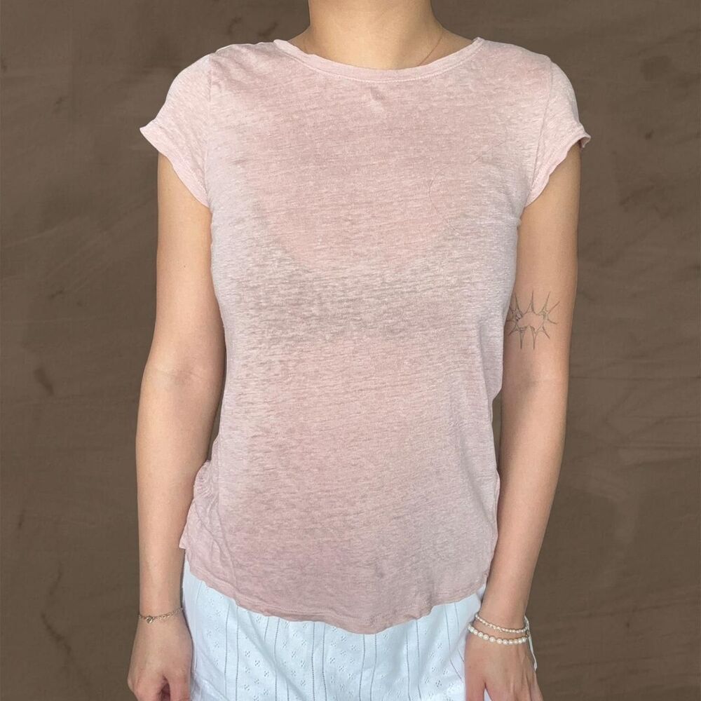 H&M pink linen shirt semi sheer size small cap sleeve baby tee